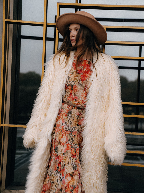 Beige Floral Chiffon Midi Dress, 6