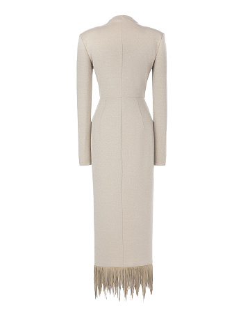 Beige Lurex Jersey Fringed Wrap Dress, 2