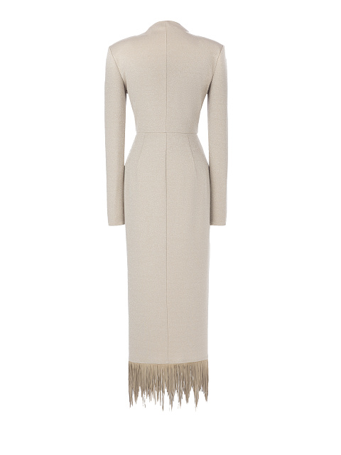 Beige Lurex Jersey Fringed Wrap Dress, 2