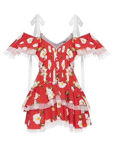 Red cotton mini dress with floral print, 1