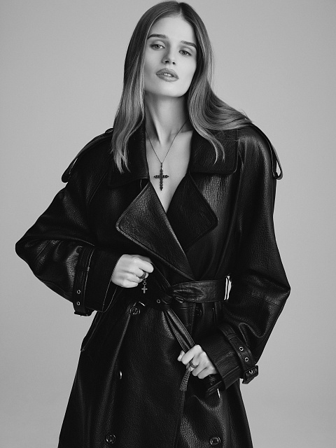 Black Textured Leather Trench Coat, 15