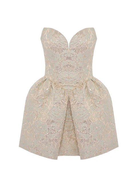 Beige & Gold Pattern Brocade Mini Dress, 1