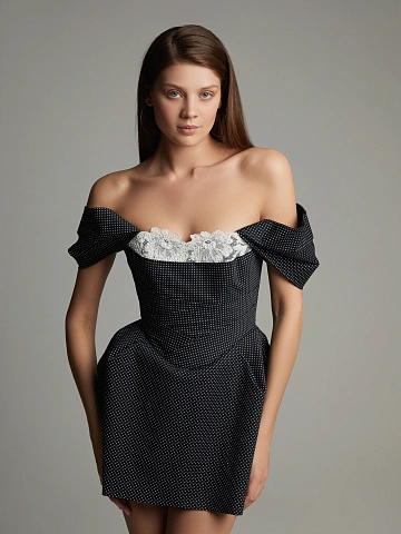 Black Lace Trim Polka Dot Cotton Mini Dress, 2