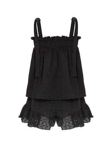Black set with tie-front top and ruffled shorts, 2