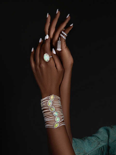 Briolette Diamond, Round Diamond, Marquise Aquamarine & White Gold Tassel Ring, 4