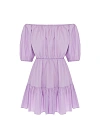Платье-мини из сиреневого хлопка , открытые плечи, пышный рукав 3/4, юбка с воланом