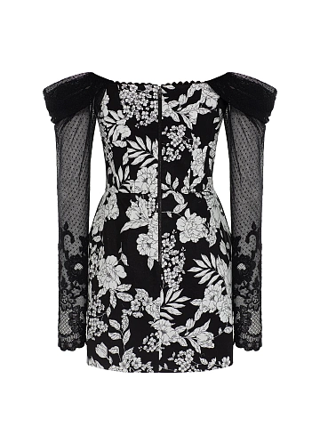 Black & White Floral Print Cotton Mini Dress, 2