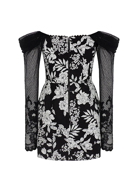 Black & White Floral Print Cotton Mini Dress, 2