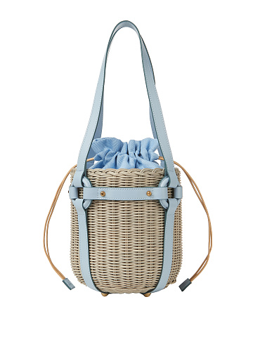 Blue Leather Trimmed Straw Bucket Bag, 1