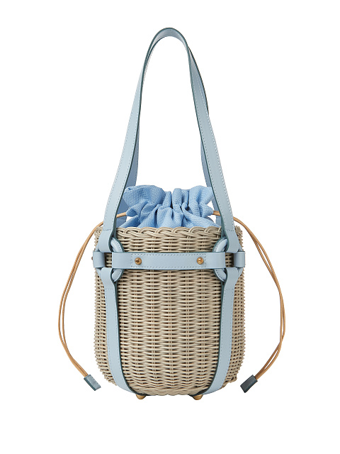 Blue Leather Trimmed Straw Bucket Bag, 1