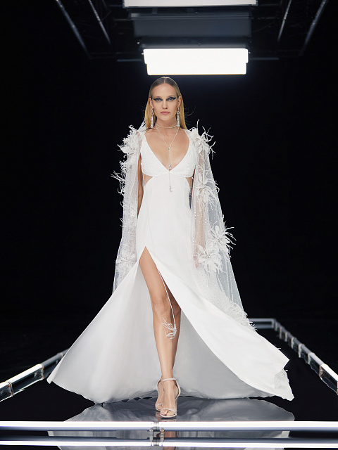 White Feather & Rhinestone Mesh Cape, 4