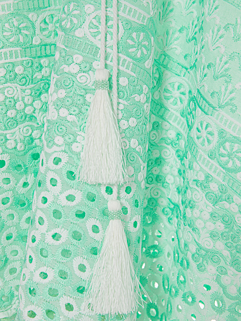 Kid's Green & White Pompon Trim Cotton Tunic Dress, 3