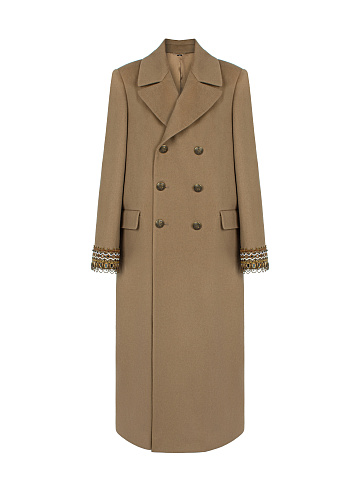 Beige Double-Breasted Embroidered Wool Coat, 1