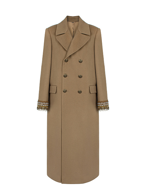 Beige Double-Breasted Embroidered Wool Coat, 1