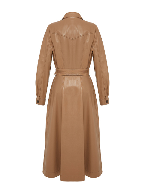 Beige Belted Leather Coat, 2