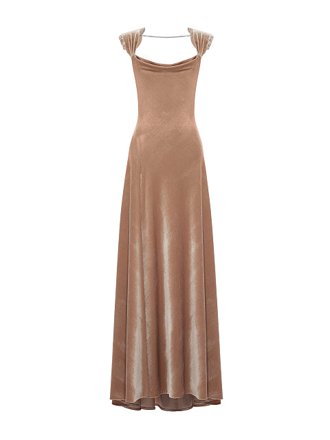 Dark Beige Rhinestones Velvet Maxi Dress, 1