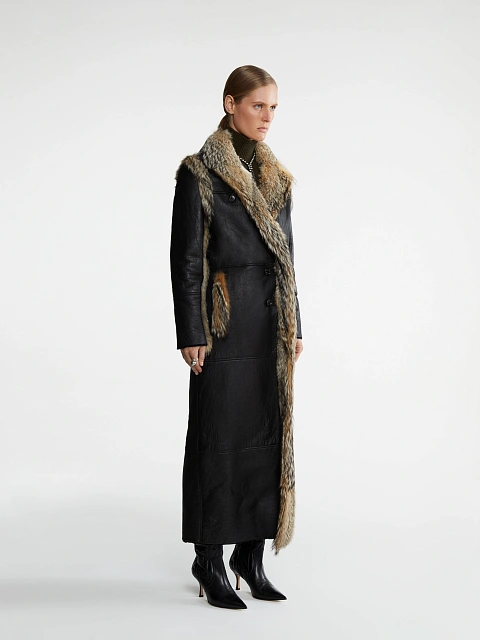 Fox Fur Trimmed Black Shearling Coat, 3