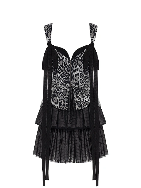 Grey Leopard Print Cotton & Mesh Mini Dress, 3
