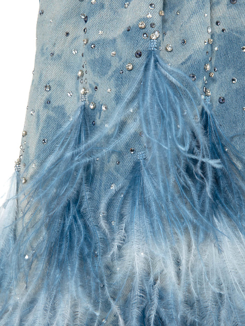 Blue Denim Tie-Dye Pouch Bag with Feathers, 5