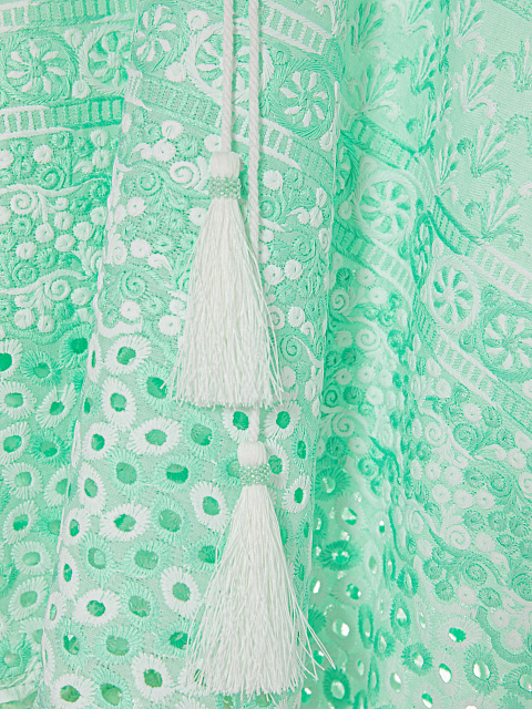 Kid's Green Pompon Trim Cotton Tunic Dress, 3