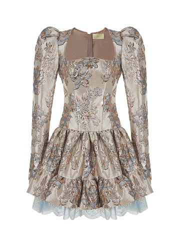 Beige Floral Brocade Mini Dress, 1