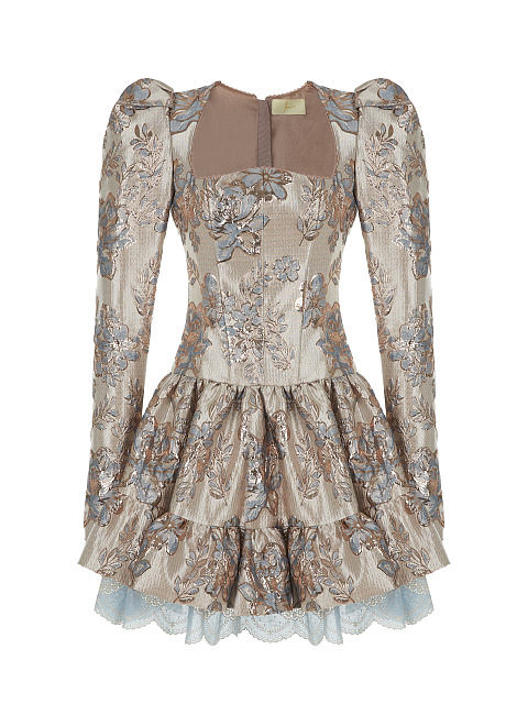 Beige Floral Brocade Mini Dress, 1