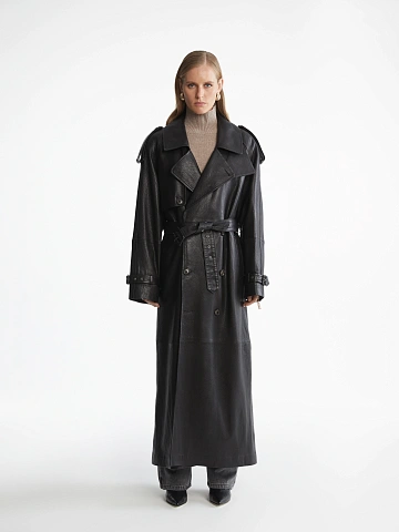 Black Textured Leather Trench Coat, 2