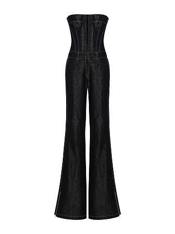 Black denim jumpsuit with coating, 1