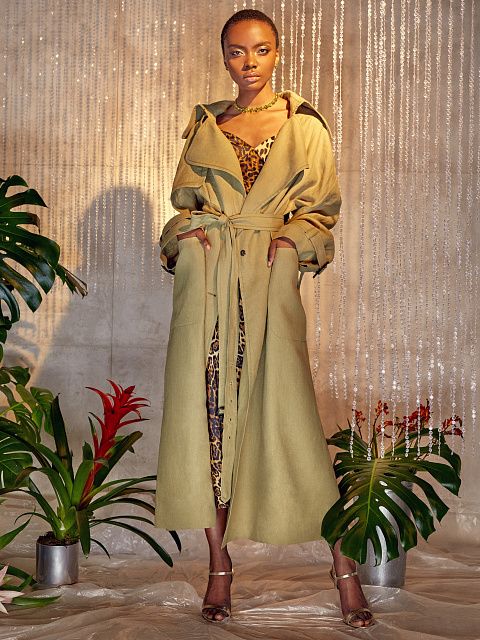 Olive-Green Double-Breasted Linen Coat , 11
