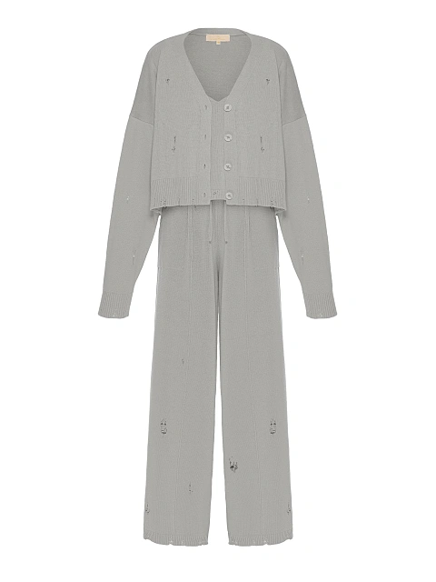 Grey Knitted Cardigan, Top & Pants Set, 1