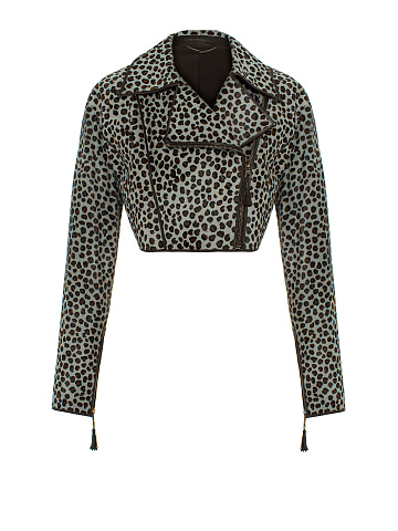 Leopard Printed Kangaroo Fur Cropped Biker Jacket, 1