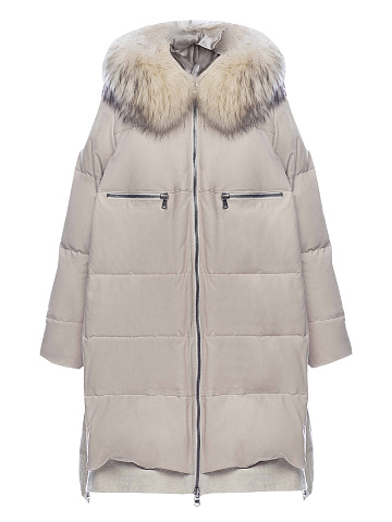 Racoon Fur & Crocodile Leather Trimmed Beige Suede Down Coat, 1