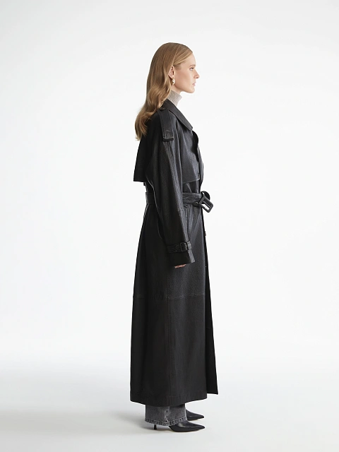Black Textured Leather Trench Coat, 4