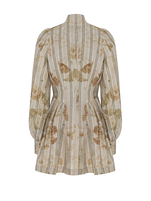 Beige Floral Print Linen Mini Dress, 2