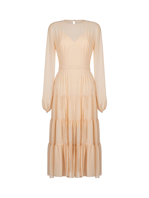 Beige Chiffon Midi Dress, 1