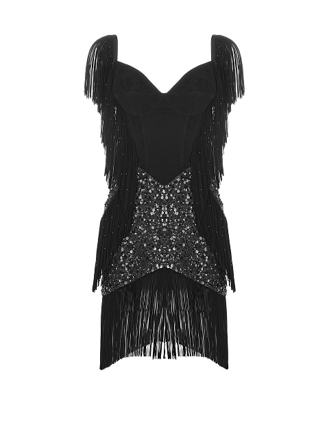 Black Sequined & Fringed Suede Mini Dress, 1