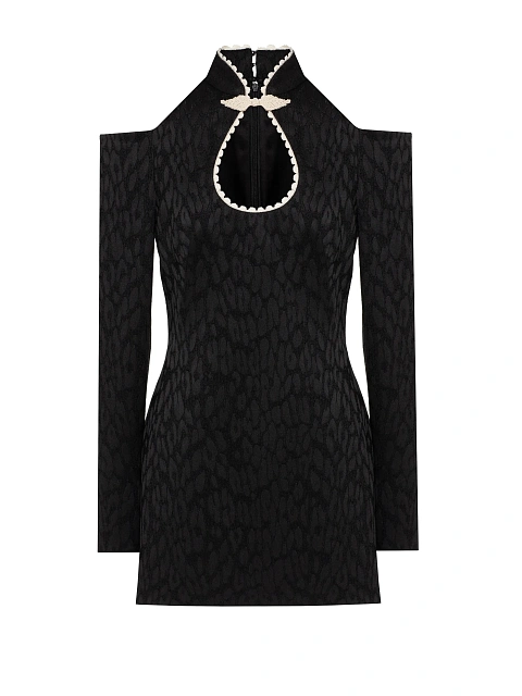 Black Leopard Pattern Jacquard Mini Dress, 1