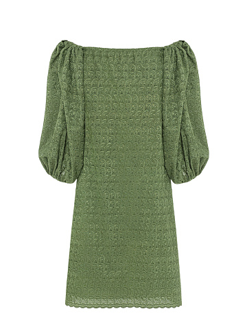 Green dress, straight silhouette, flashlight sleeve, button placket, 2