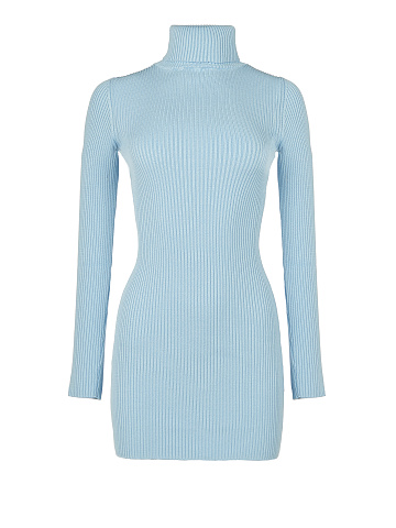 Light Blue Rib Knit Turtleneck Mini Dress, 1