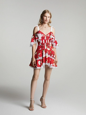 Red cotton mini dress with floral print, 2