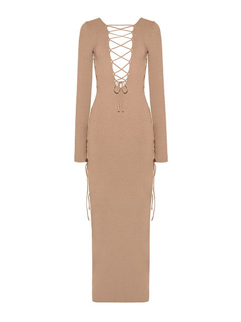 Beige Lace Up Jersey Maxi Dress, 1