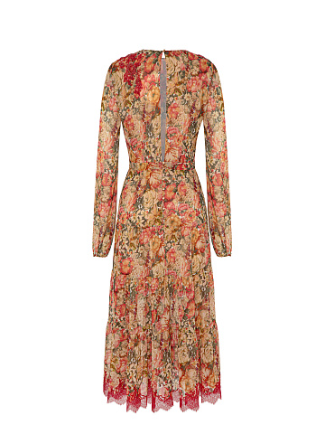 Beige Floral Chiffon Midi Dress, 2