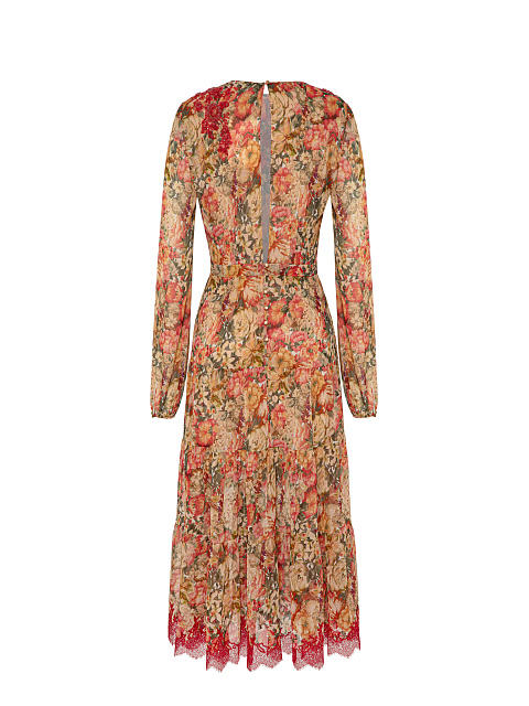 Beige Floral Chiffon Midi Dress, 2