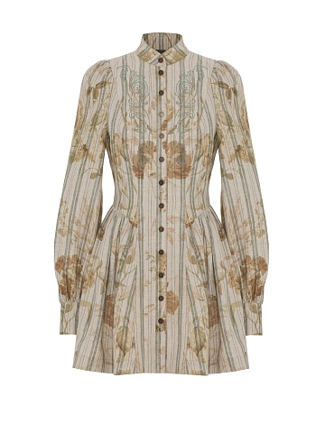 Beige Floral Print Linen Mini Dress, 1