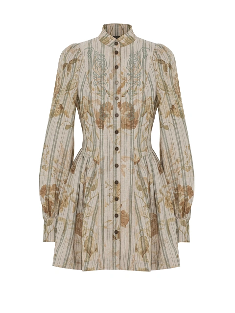 Beige Floral Print Linen Mini Dress, 1