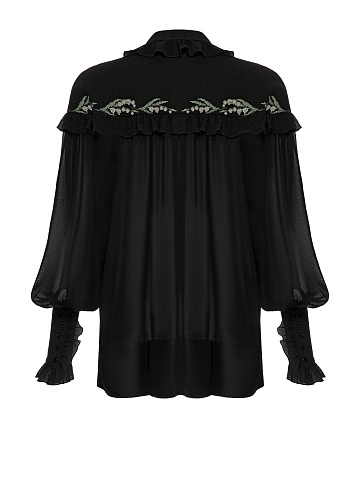 Black Cotton Embroidered Ruffled Shirt, 2