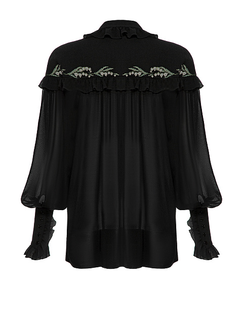 Black Cotton Embroidered Ruffled Shirt, 2