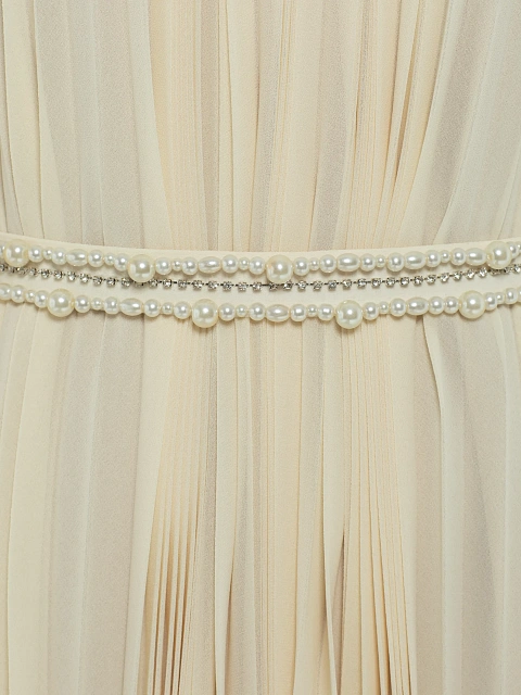 Beige Plisse Chiffon Maxi Dress, 3