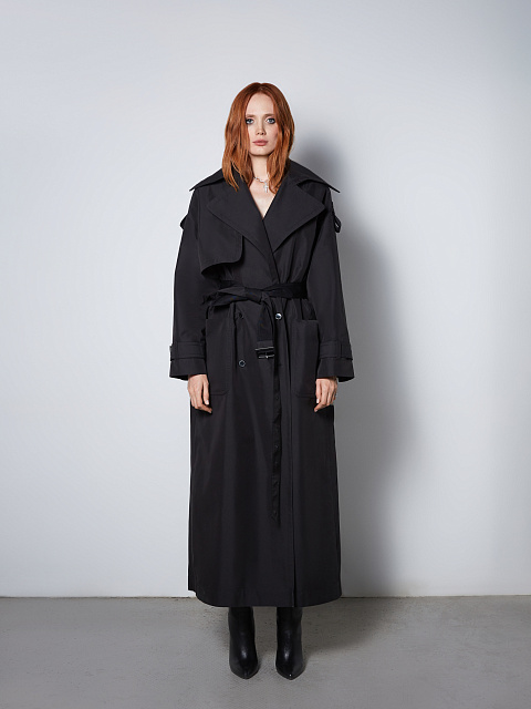 Black Leather Trim Cotton Trench Coat, 5