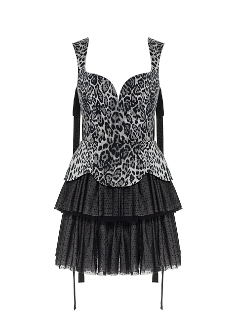 Grey Leopard Print Cotton & Mesh Mini Dress, 1